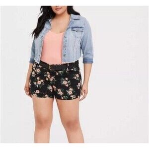 Torrid Shorts Womens Plus Sz 18 Cuffed Pink Floral Print Cotton Black